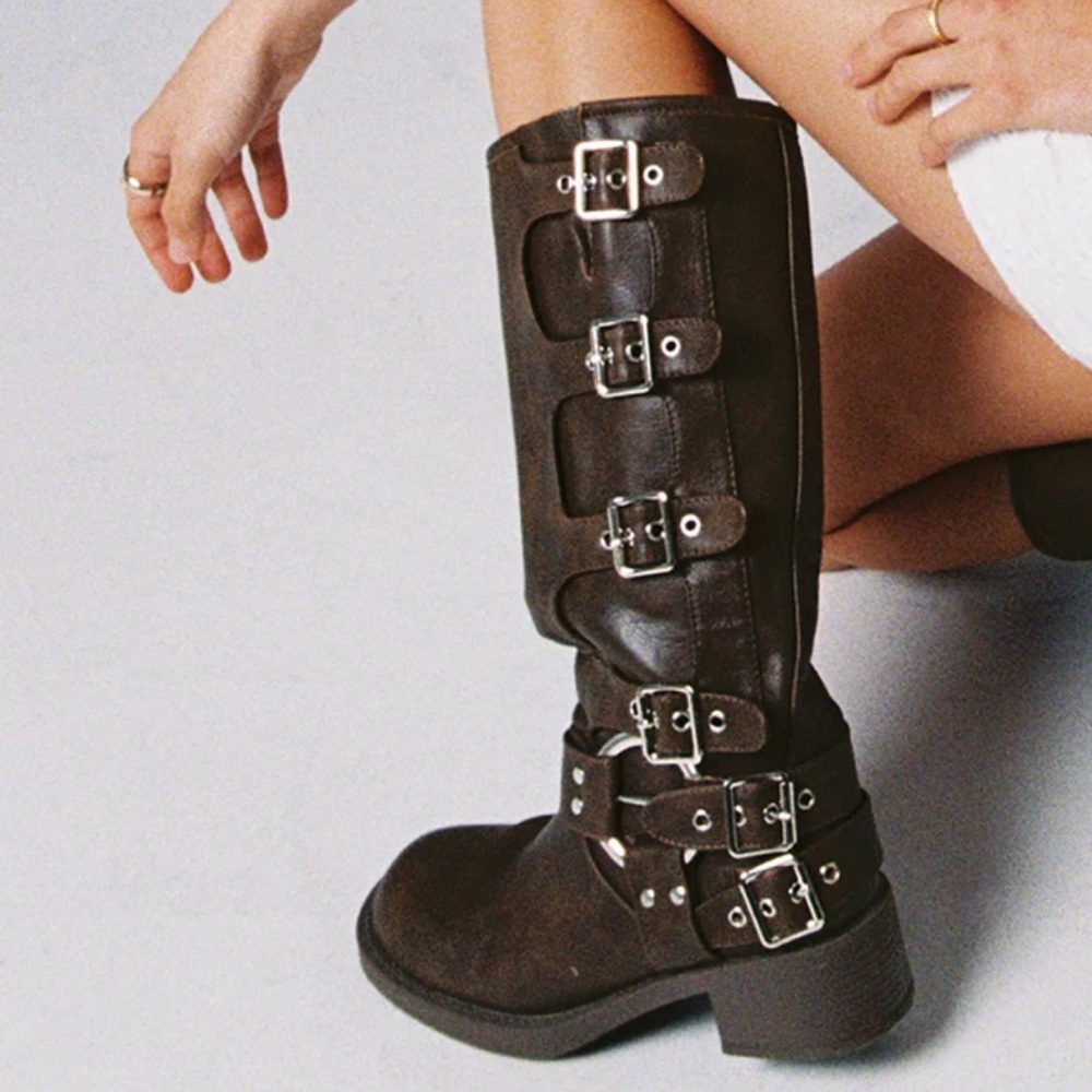 Brown Buckle Knee-High Boots